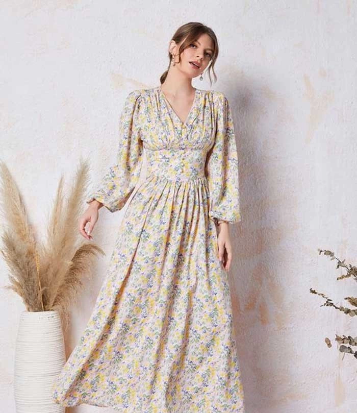 مدل پیراهن نخی گلدار آستین بلند 9
